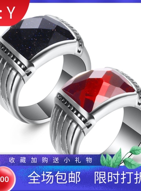 新款欧美跨境亚马逊13MM时尚镶钻情侣戒指不锈钢石榴红蓝宝石戒指
