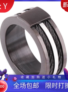 新款厂家 欧美时尚个性不锈钢黑色双排10MM电缆绳戒指百搭男