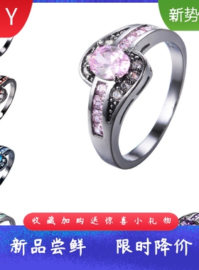 新款黑金10KT椭圆锆石戒指女指环椭圆形环时尚白色黑色珠宝古董女