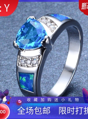 新款欧美时尚饰品两边镶钻白金10KT蓝色澳宝水蓝色小心形百搭戒指