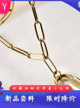 新款不锈钢扁长链12MM锁头吊坠钛钢项链锁骨链气质可刻字Logo