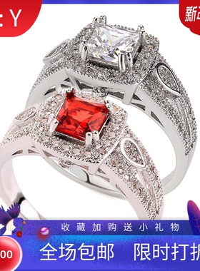 新款厂家红白水晶镀白金戒指简约百搭铜镶锆石简约时尚潮指环热卖