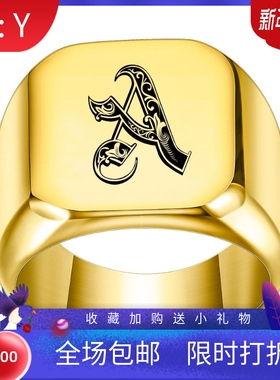 新款欧美26个性英文首字母钛钢戒指男复古朋克方形18MM金色热卖女