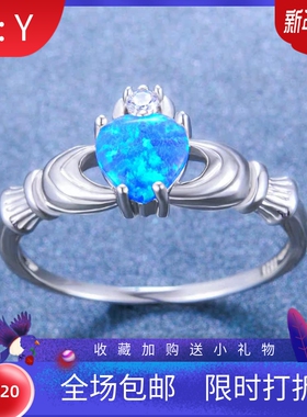 新款跨境时尚可爱 纯银蓝色澳宝心形戒指厂家