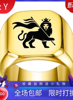 新款欧美复古狮子国王扛旗钛钢戒指环男士18MM方形戒指潮男