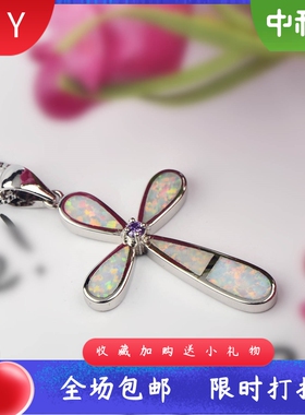 新款 亚马逊 ins风 白澳宝十字架吊坠澳宝项链饰品镶opal