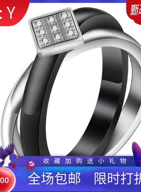 新款厂家 欧美个性简约7MM四边形微镶锆石钛钢交叉黑银戒指百搭女