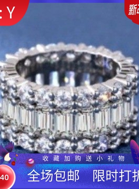 新款跨境白金三排气质款满钻戒指 大气百搭欧美时尚设计款戒指