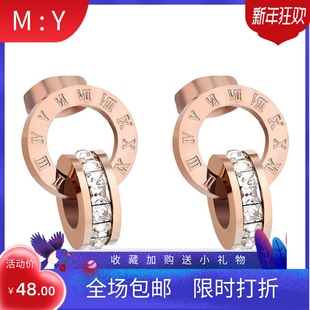新款欧美ins简约百搭罗马数字双层12MM圆形镶钻玫瑰金钛钢耳钉耳