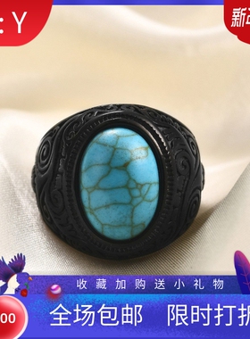 新款欧美热卖22MM不锈钢个性复古宫廷绿松石裂纹钛钢戒指指环
