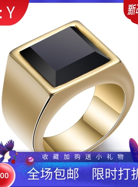 新款欧美跨境热卖个性几何方形15MM不锈钢镶黑玻璃18K金钛钢戒指