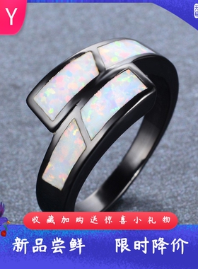 新款跨境个性简约时尚黑金白色澳宝戒指女式气质百搭指环