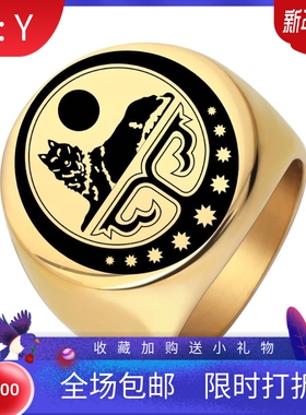 新款欧美跨境热卖圆形22MM复古狼王不锈钢光面激光戒指个性时尚女