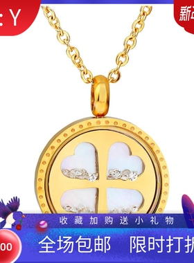 新款韩版气质22MM圆形女项链幸运草时尚镂空带钻项链不锈钢锁骨链