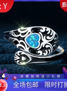 新款欧美波西米亚风纯银S925爱心石复古花纹戒指个性简约开口可调