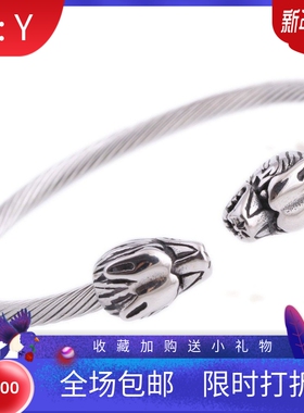 新款亚马逊简约钛钢复古双龙头中国风电缆线手镯不锈钢铸造龙手镯