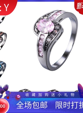 新款黑金10KT椭圆锆石戒指女指环椭圆形环时尚白色黑色珠宝古董女