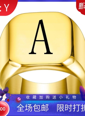 新款欧美百搭26个英文首字母钛钢戒指男复古朋克方形18MM学生潮男