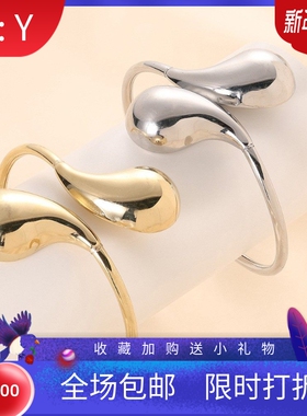 新款跨境欧美不锈钢空心光面水滴开口手镯钛钢材质弹簧线逗号个性