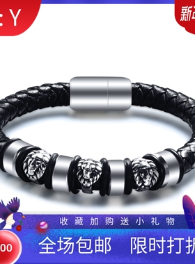 欧美风男士真皮复古狮子头手饰品