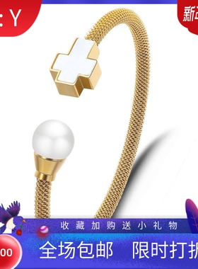 新款欧美个性简约珍珠十字架电缆线不锈钢304手镯 情人节七夕礼物