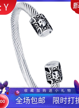 新款复古朋克双头骷髅头不锈钢钢丝手镯 电缆线钛钢手镯女