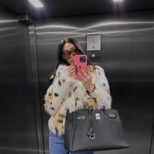 亚马逊欧美秋冬毛毛环保人造毛狐狸毛豹纹皮草外套女短款夹克大衣