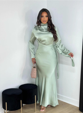 Middle Eastern women's dress四季女装独立站中东包臀缎面晚礼服
