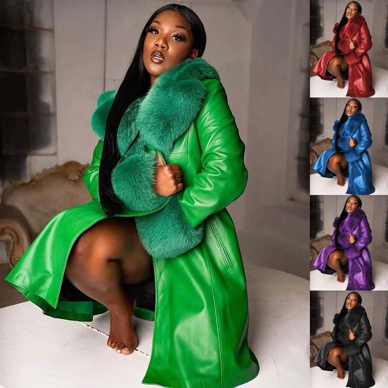 Women's winter plush fur coat欧洲女冬长款大毛领高档PU皮大衣