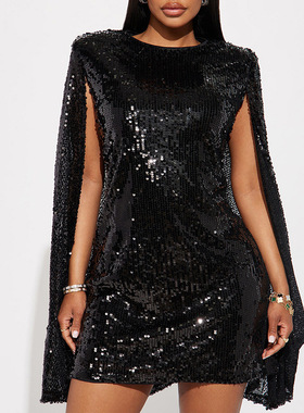 Black sequined hip-hugging short skirt欧美黑色亮片熟女包臀裙