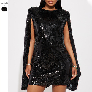 Black sequined hip-hugging short skirt欧美黑色亮片熟女包臀裙