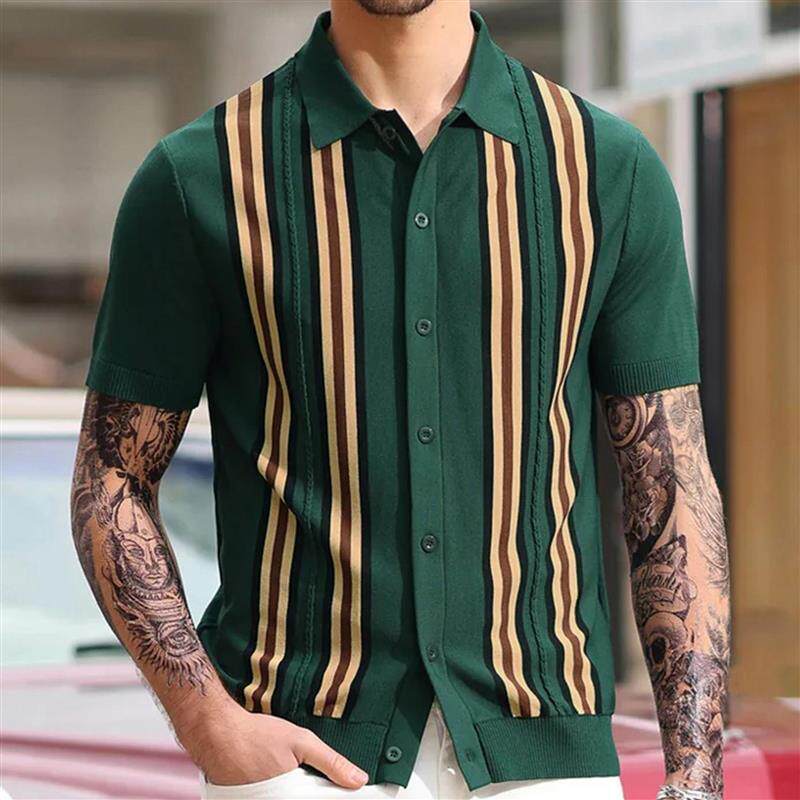 绿色条纹修身潮男夏季polo衫