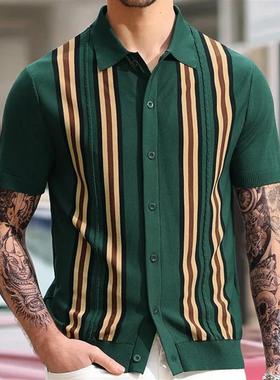 Quality is fine外贸男夏季绿色条纹短袖修身商务polo衫针织衫潮