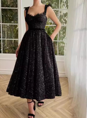 High-end export dress亚马逊高档修身大码礼服连衣裙亮片中长裙