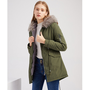 俄美高档军绿时尚棉大衣女士精美百搭中长款连帽冬季保暖加绒棉服