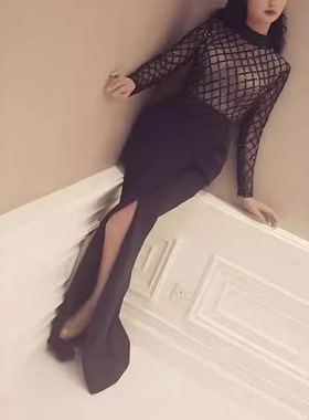 Black temperament wrapped hip dress女圆领长袖修身包臀礼服裙