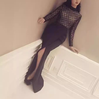 女装圆领长袖修身包臀礼服裙