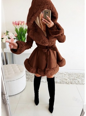 Imitation fur hooded snow warm coat荷叶边系带保暖仿皮草外套