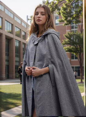 Women's long windbreaker跨世纪连帽披肩斗篷外套长款大码呢大衣