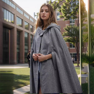 Women's long windbreaker跨世纪连帽披肩斗篷外套长款大码呢大衣