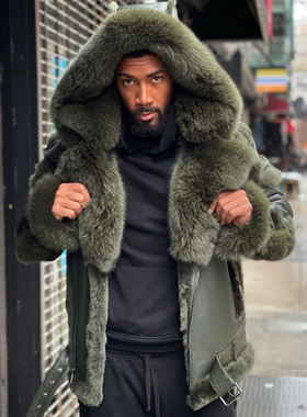 Cross-century outdoor plush fur coat冬季绿色长毛绒皮草大衣男