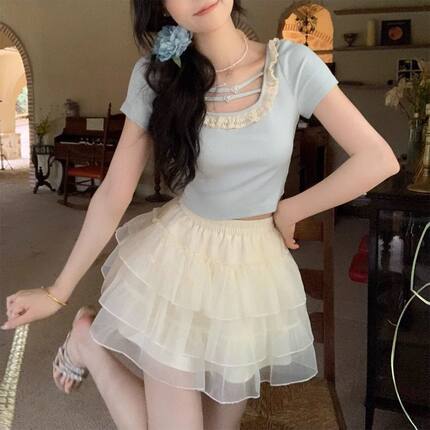纯棉夏季新款纯欲风蕾丝蝴蝶结可爱短袖T恤女甜辣修身短款上衣潮