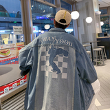 港风春款男牛仔夹克衫棋盘格字母刺绣人物休闲外套J，男装夹克，星座1013-1
