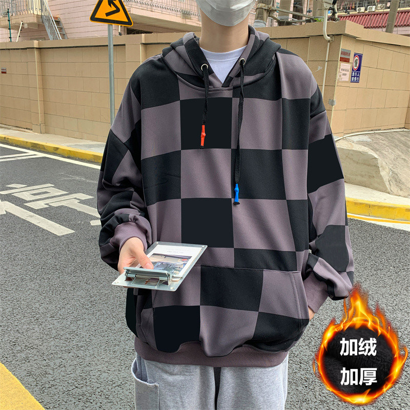 加绒加厚冬款男休闲套头卫衣连帽卫衣棋盘格拼接外套wy09,男装卫衣,星座1013-1