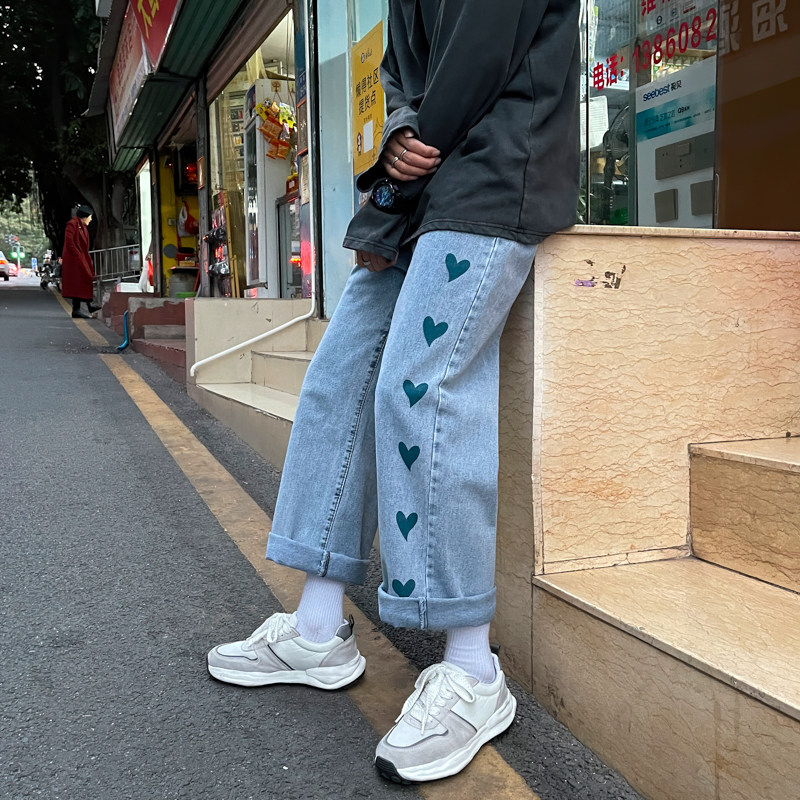2021港风春款男牛仔裤心印花宽松直筒牛仔加大码S-5xlnk6028P50,男装牛仔裤,星座1013-1