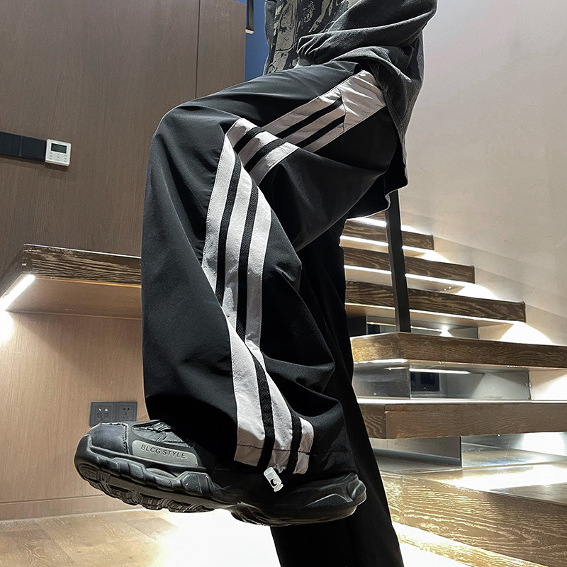 港风秋款男裤三条杠条纹拼色抽绳束脚冲锋长裤h777P40,男装休闲裤,星座1013-1