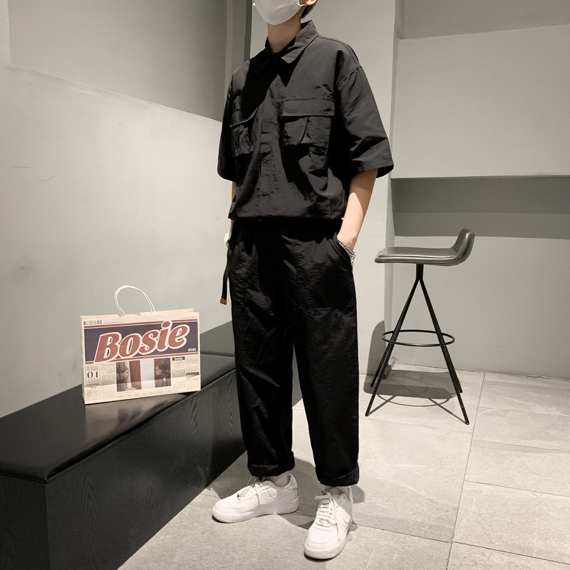 港风夏款男复古工装连体衣套装潮牌短袖腰带连体裤X923P60,男装休闲套装,星座1013-1