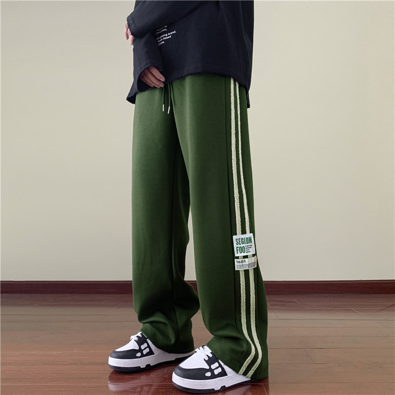 港风秋冬款男裤字母三条杠条纹贴标印花宽松直筒卫裤h450P35,男装休闲裤,星座1013-1