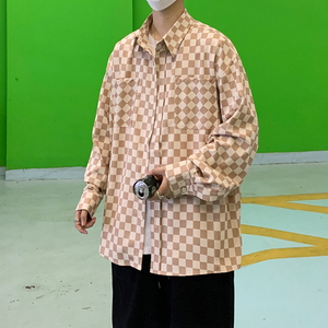 2022港风春款男长袖衬衫棋盘格韩版百搭休闲衬衣CS90图片