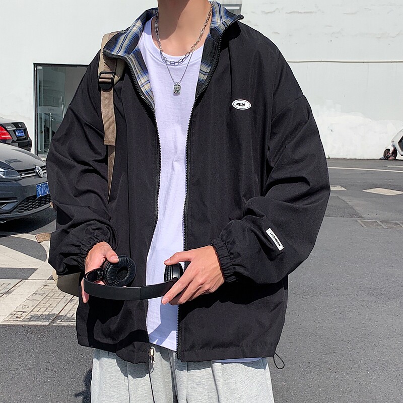港风秋款款男夹克两面穿格子拼接拉链贴标外套J,男装夹克,星座1013-1